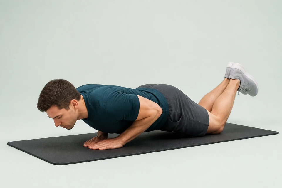 Close-grip push-up from the knees with hands beneath the shoulders, elbows close and torso straight from head to knees.
