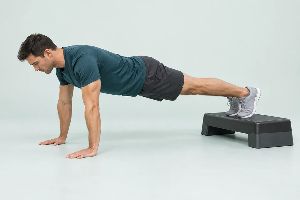 Feet-elevated push-up with the toes of both feet on a low stable step, hands on the floor and a straight body.