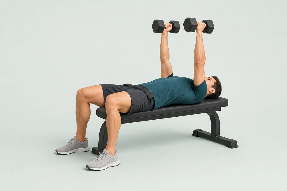 Illustration of a flat bench press with a separate dumbbell in each hand.