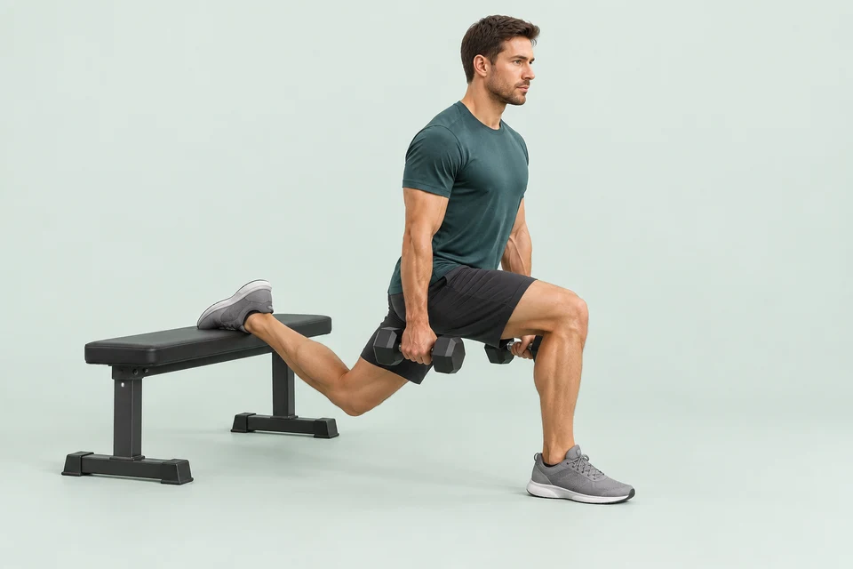 Athlete performing a Bulgarian split squat with two dumbbells and the rear foot on a bench.