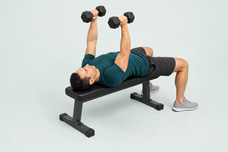 Dumbbell fly starting position on a flat bench, weights above the chest and elbows slightly bent.
