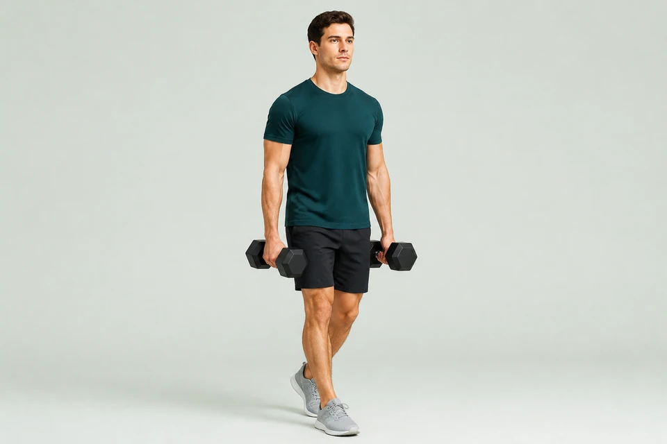 Farmer’s walk with two dumbbells at the sides, straight arms and neutral wrists.