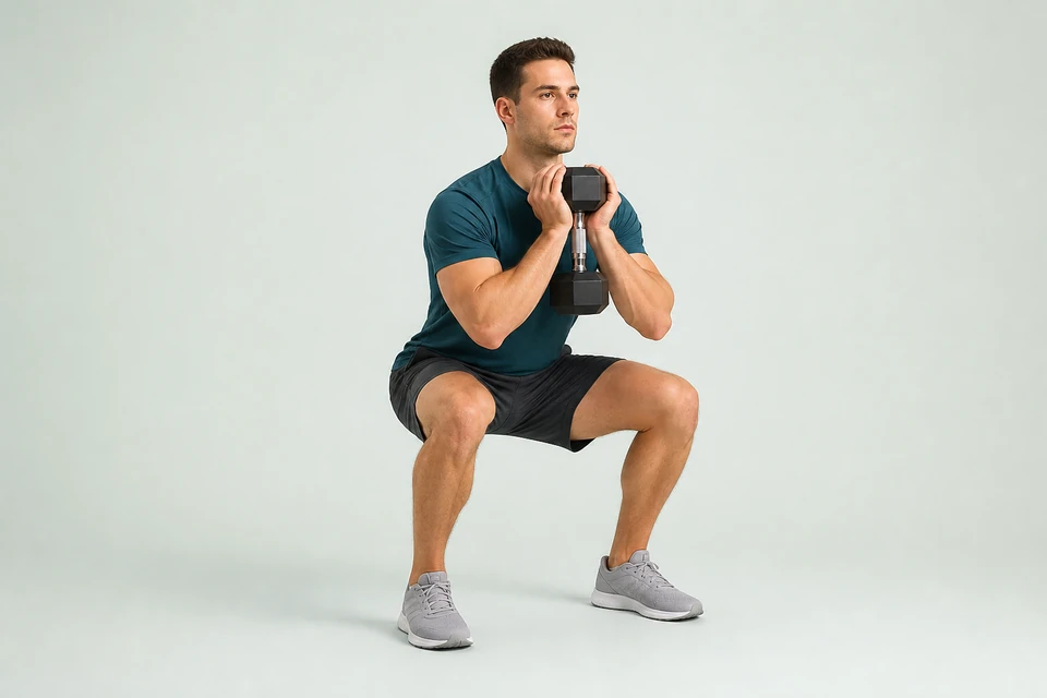 Goblet squat with one vertical dumbbell held close to the chest, feet flat and knees aligned with the toes.