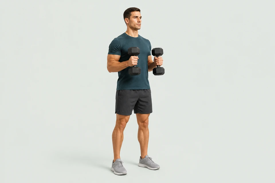 Standing dumbbell hammer curl with palms facing inward, wrists neutral and elbows close to the sides.
