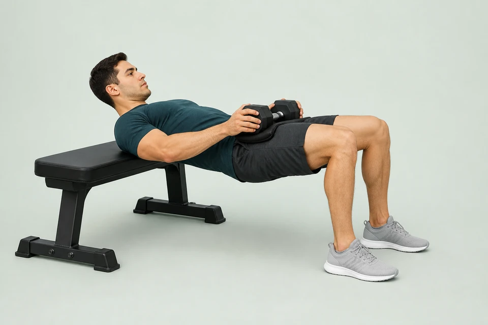 Dumbbell hip thrust with the upper back supported on a bench and one weight held across the pelvis.