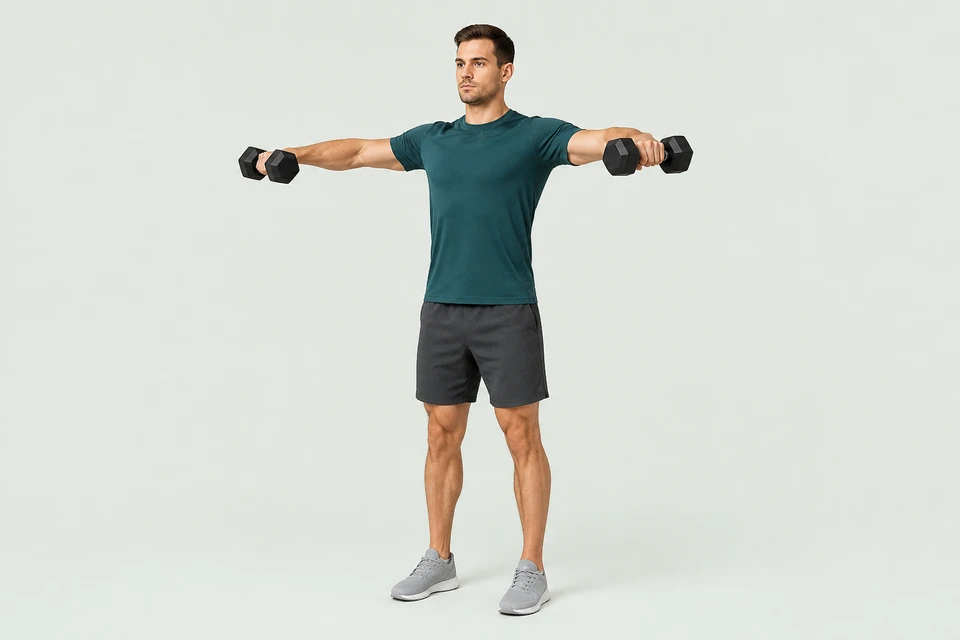 Standing dumbbell lateral raise with both arms just below shoulder height.