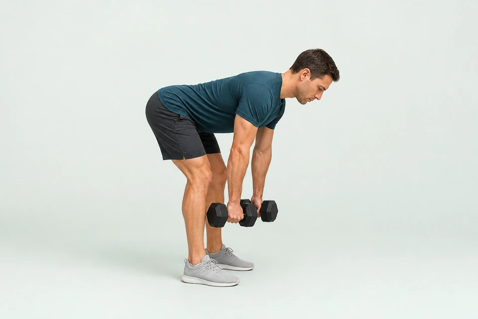 Dumbbell Romanian deadlift with hips pushed back, knees slightly bent and a neutral back.