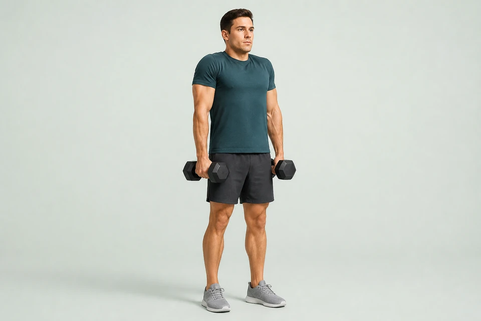 Standing person holding two dumbbells beside the thighs, arms straight and shoulders raised.