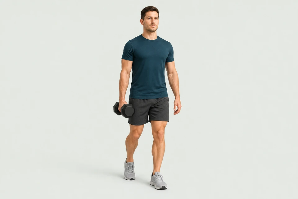 Upright person taking a short walking step with one dumbbell beside the thigh, shoulders level and the other hand empty.