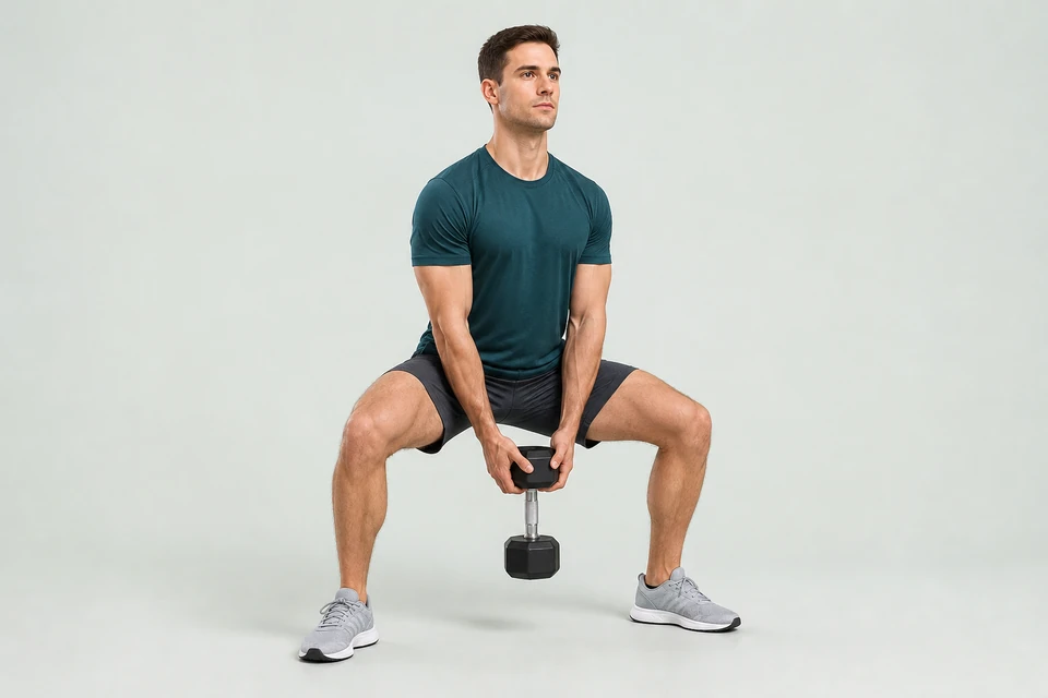 Wide-stance squat with feet flat, knees following the toes and one vertical dumbbell held in both hands between the legs.