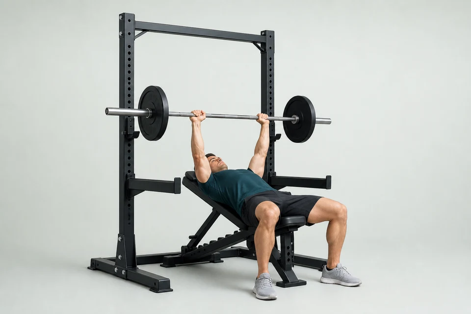Barbell press on an inclined bench with feet planted and the bar above the upper chest.