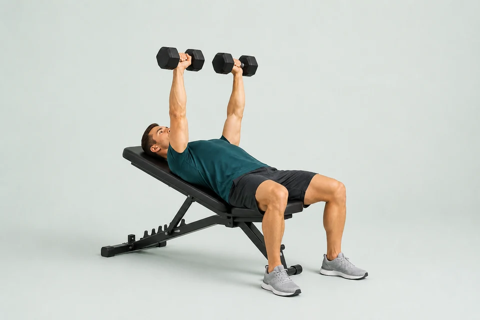 Incline dumbbell press with the back supported and two separate dumbbells above the upper chest.