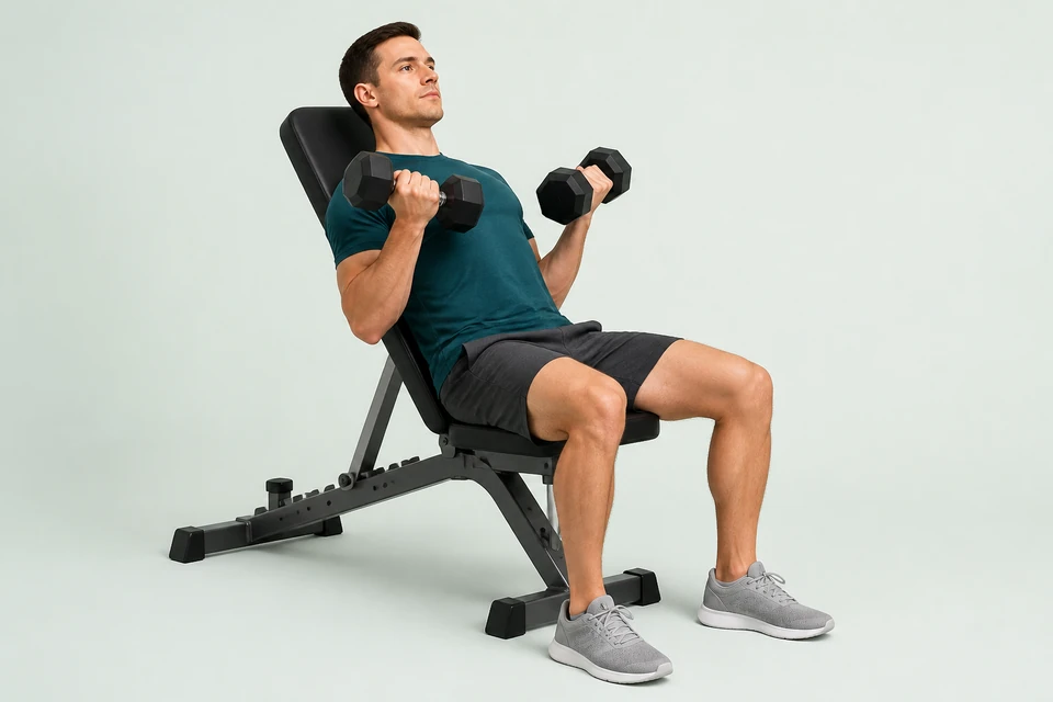 Incline dumbbell curl with the back and head supported and the upper arms hanging slightly behind the torso.