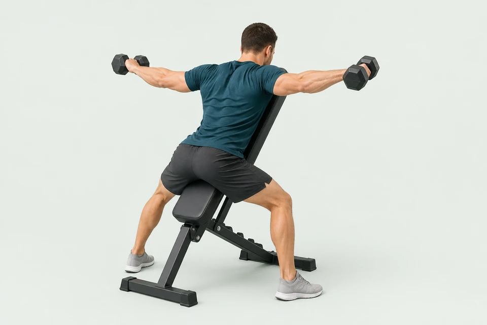 Rear view of an incline reverse fly with the chest supported and both arms raised out to the sides.