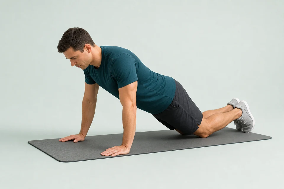 Knee push-up with hands on the floor and head, hips and knees aligned.