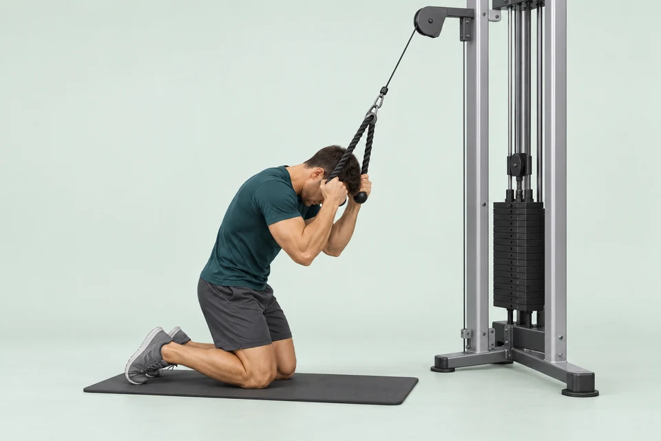Kneeling cable crunch with rope beside the temples, high pulley and a gently curled torso.