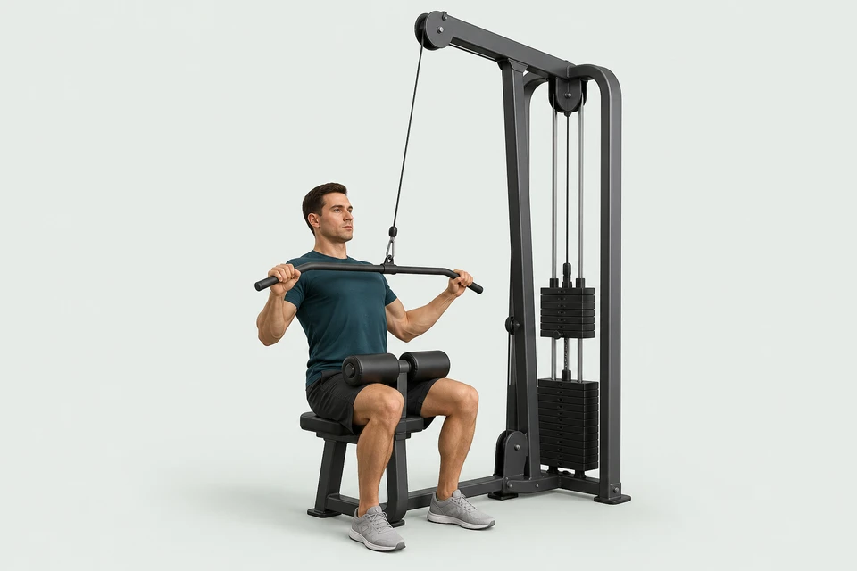 Seated lat pulldown with the bar in front of the upper chest and thighs secured under a pad.