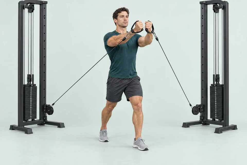 Standing low-to-high cable fly with low pulleys, softly bent elbows and handles meeting in front of the upper chest.