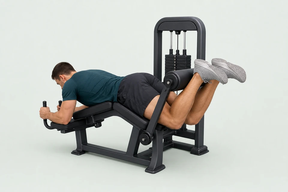 Lying hamstring curl with bent knees, raised heels and hips supported on the machine.