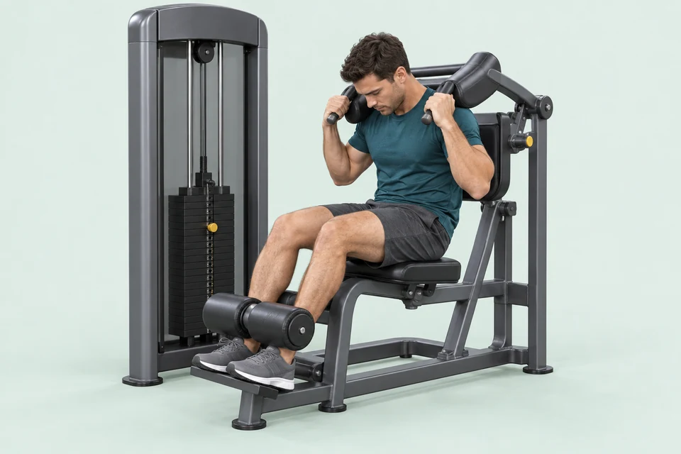 Seated abdominal crunch machine with supported pelvis, feet on supports and modestly curled torso.