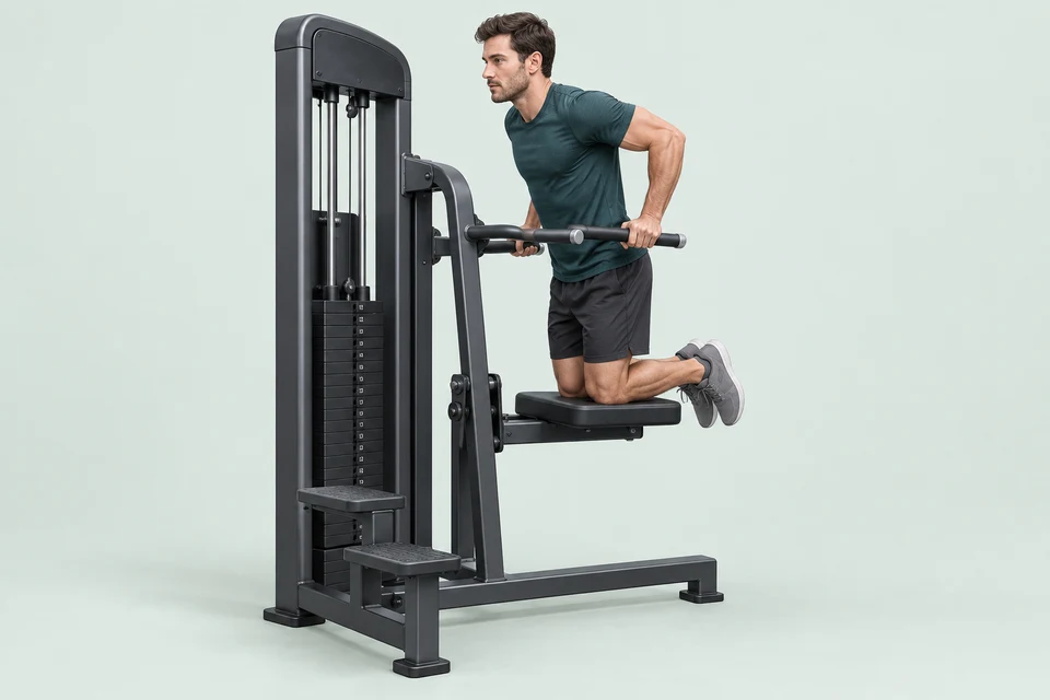Athlete performing a dip on a machine with both knees supported by the assistance pad.