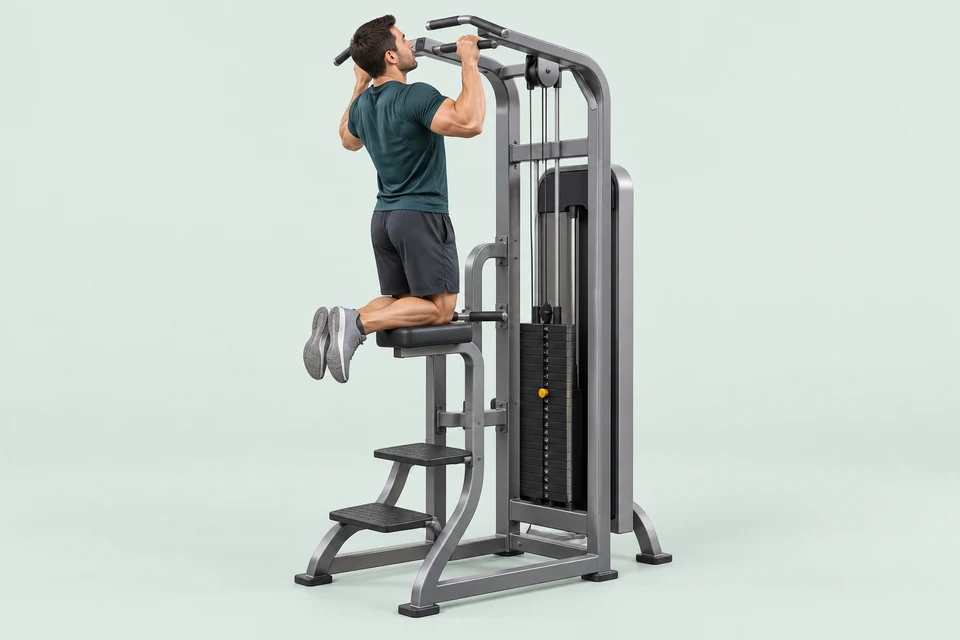 Athlete pulling up on an assisted pull-up machine with both knees on the assistance pad.