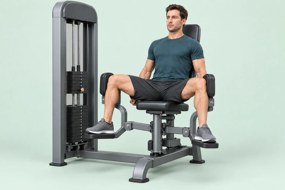 Seated hip abduction with outer knee pads and moderately opened thighs.