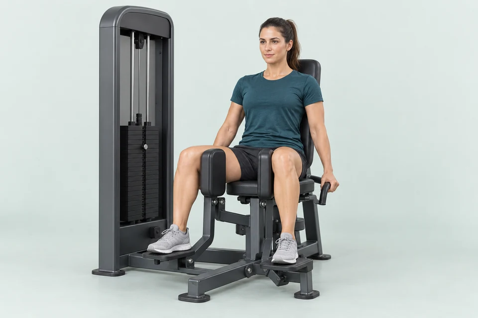 Seated adductor machine with pads against the inner knees, feet supported and legs moderately apart.