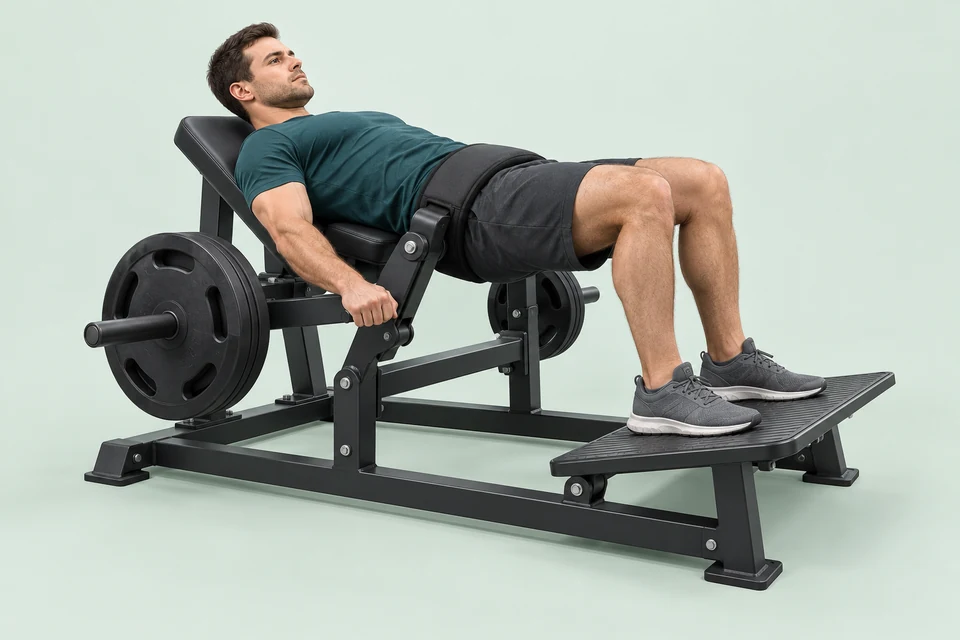 Glute drive machine with a wide padded belt over the pelvis, supported back and feet on its platform.