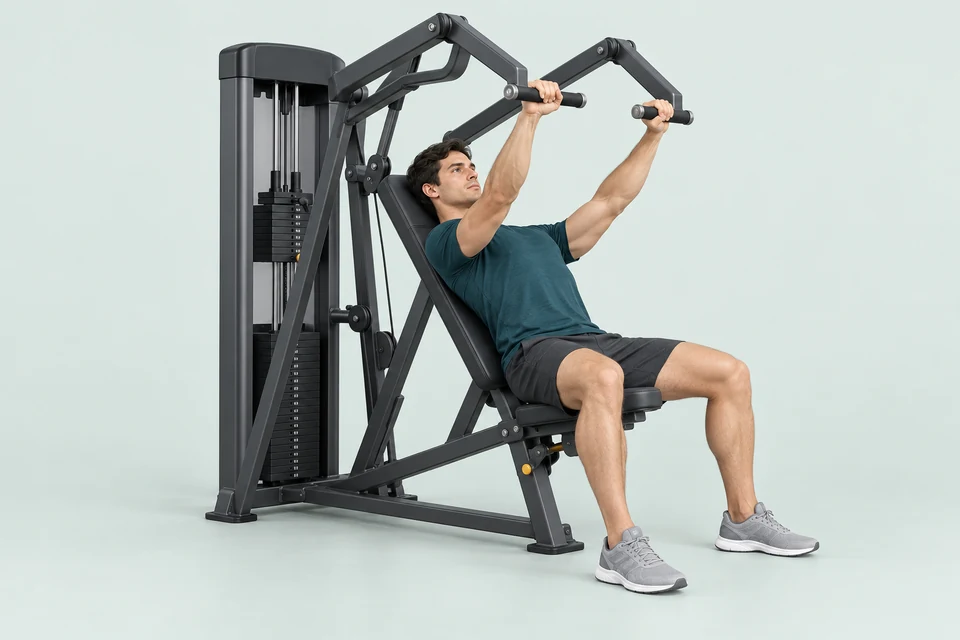 Incline chest press machine with a reclined supported torso, planted feet and handles pressed above the upper chest.