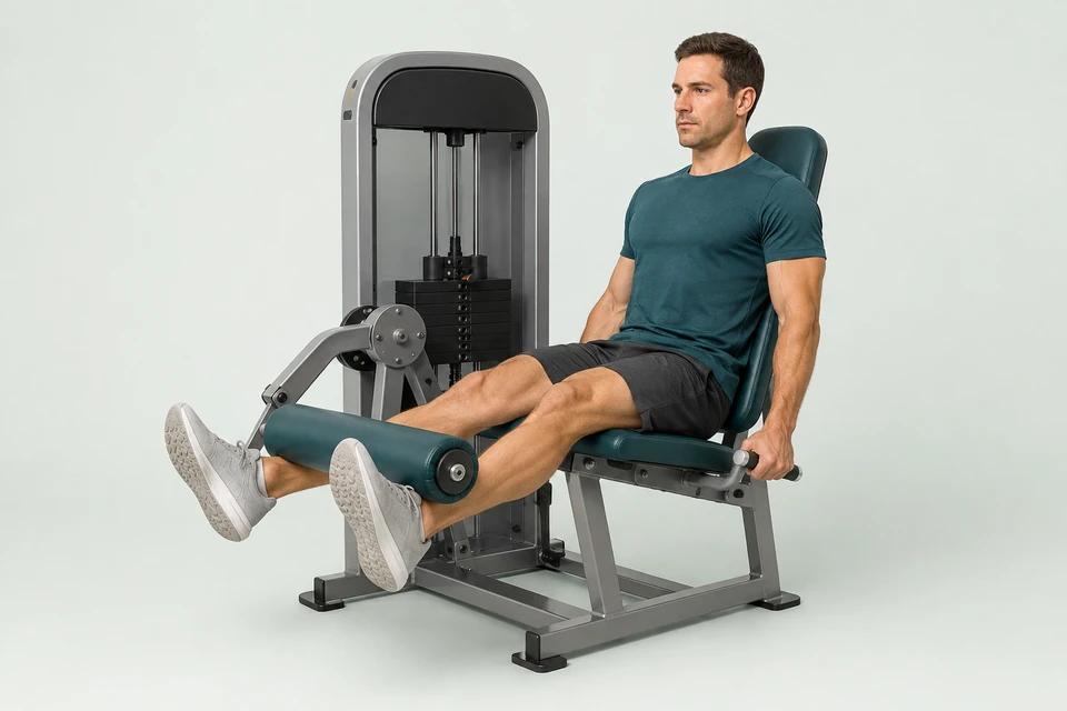 Seated leg extension with supported thighs and a padded roller across the front of the lower shins, just above the ankles.