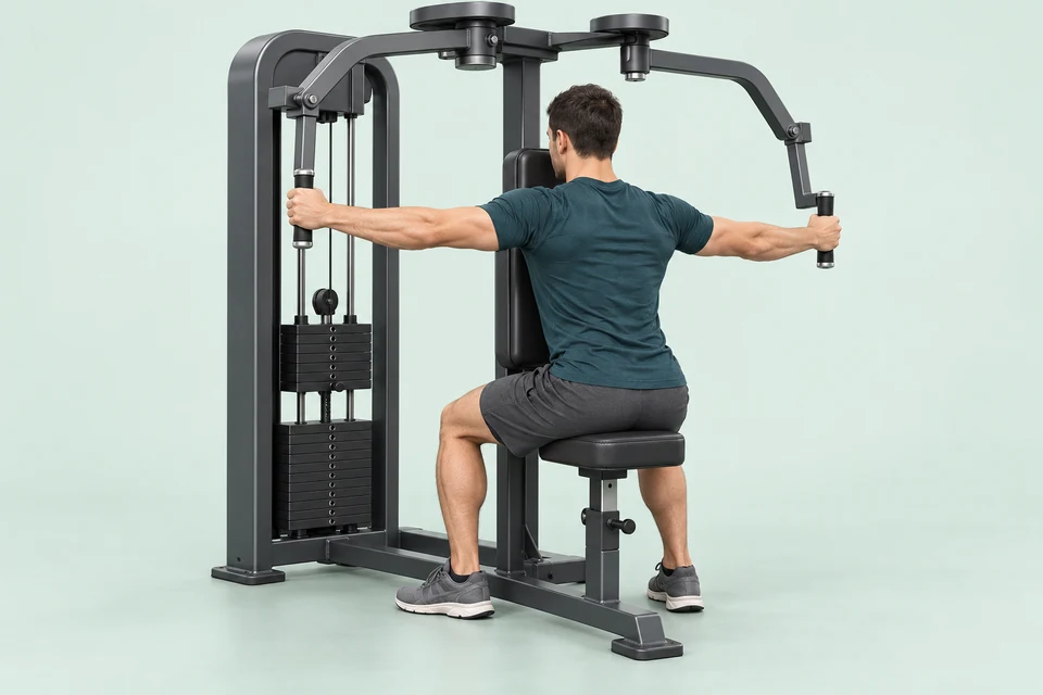 Reverse butterfly machine with chest against the pad and arms open at shoulder height.
