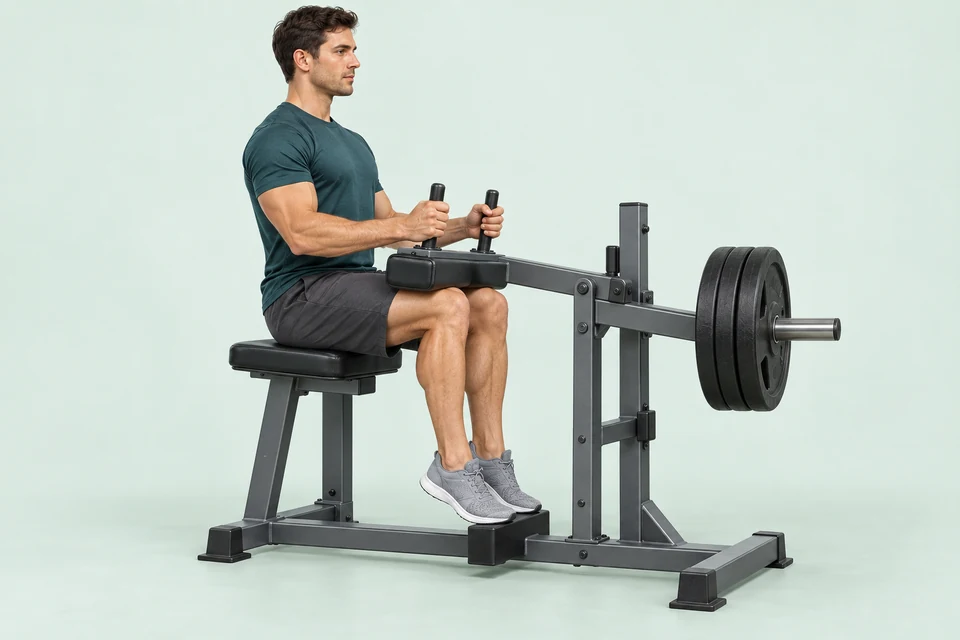 Seated calf raise with lower-thigh pad, bent knees, supported forefeet and raised heels.