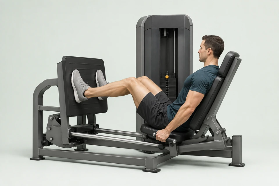 Person seated in a horizontal leg press, back supported, both feet flat on the footplate and knees bent.