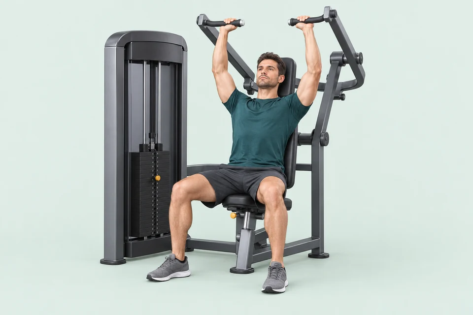 Seated overhead shoulder press machine with supported back, planted feet and handles above the head.