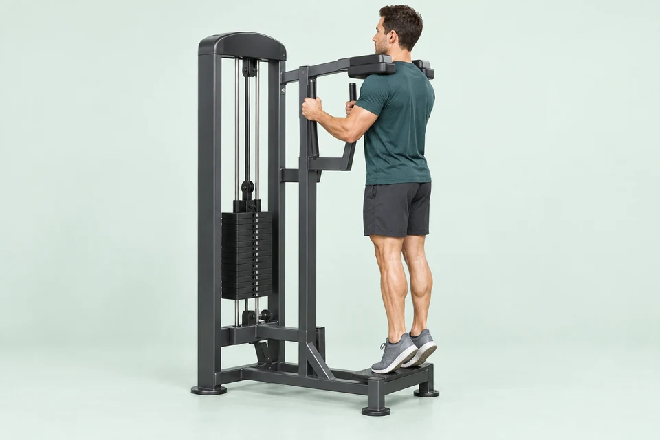 Standing calf raise with shoulder pads, forefeet on a platform and raised heels.