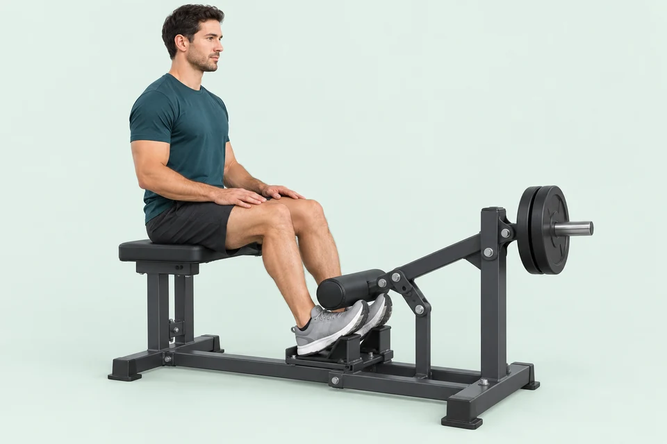 Seated dorsiflexion machine with supported heels, a pad over the forefeet and toes lifted toward the shins.