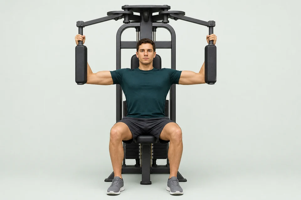 Front view of the open pec deck position with upper arms to the sides and upright forearms against the pads.