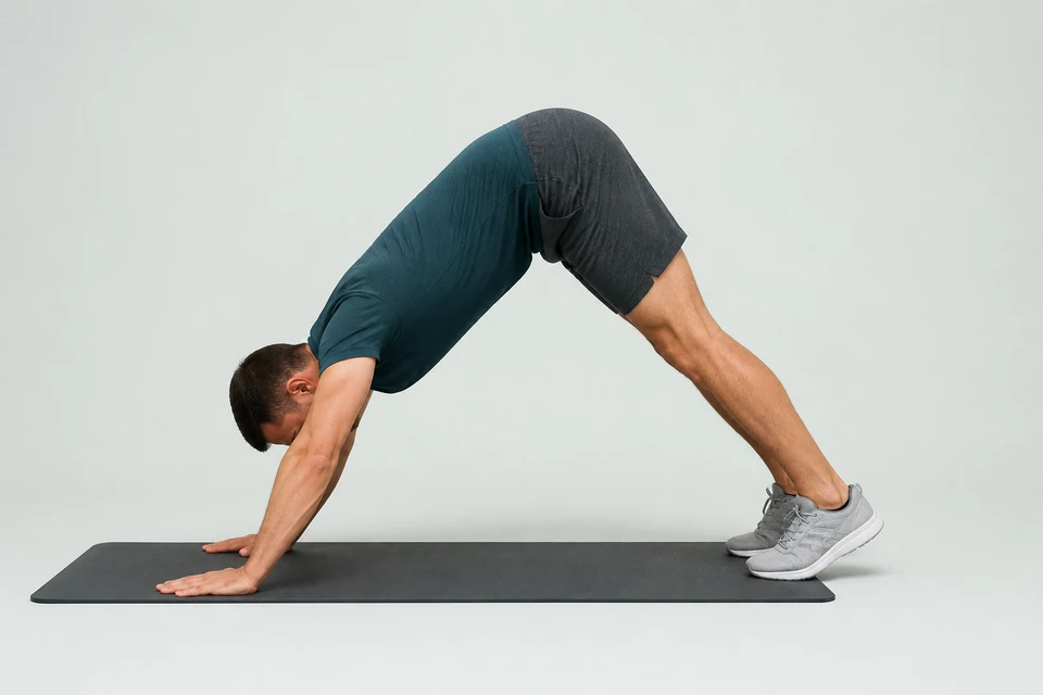 Pike push-up with hands and feet on the floor, hips raised and arms extended in an inverted V.
