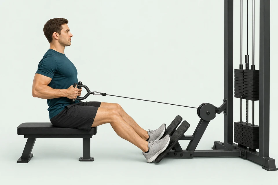 Seated cable row with an upright torso and a narrow handle drawn toward the abdomen.