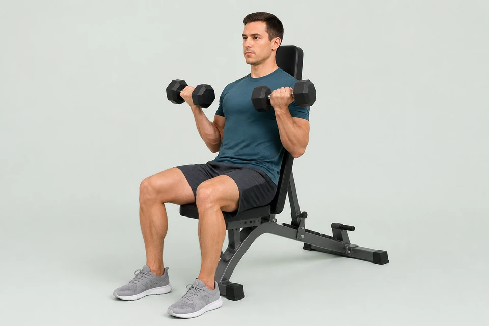 Seated dumbbell biceps curl with the back supported, palms facing upward and elbows kept close to the torso.