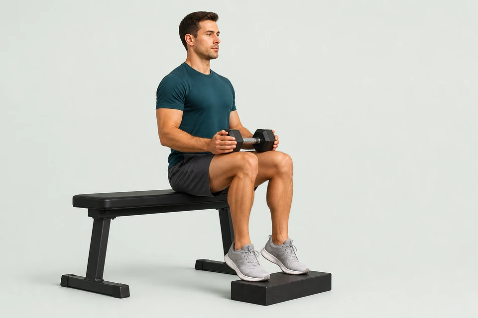 Seated dumbbell calf raise with knees bent, the balls of both feet on a low block, and one dumbbell held across the thighs.