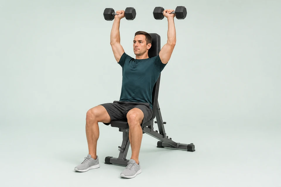 Seated dumbbell shoulder press with the back supported, feet planted and both weights overhead.