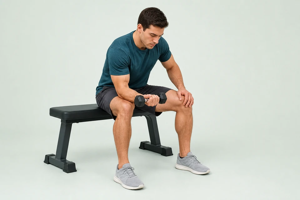 Seated wrist curl with a supported forearm, palm up and one small dumbbell.