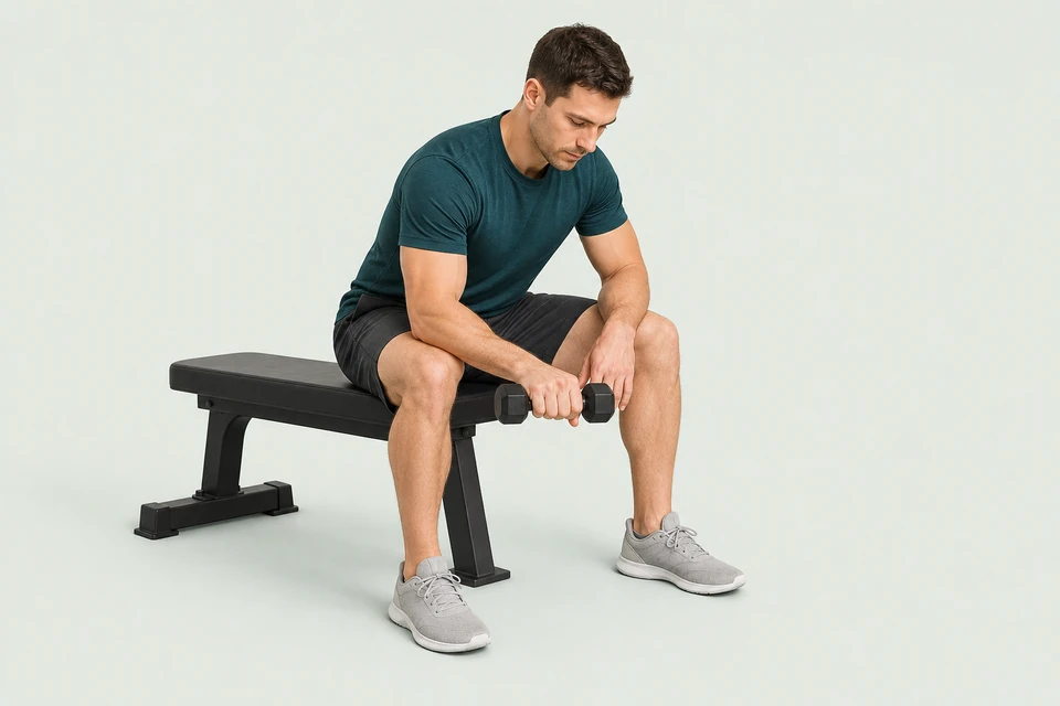 Seated wrist extension with a supported forearm and the back of the working hand facing upward.