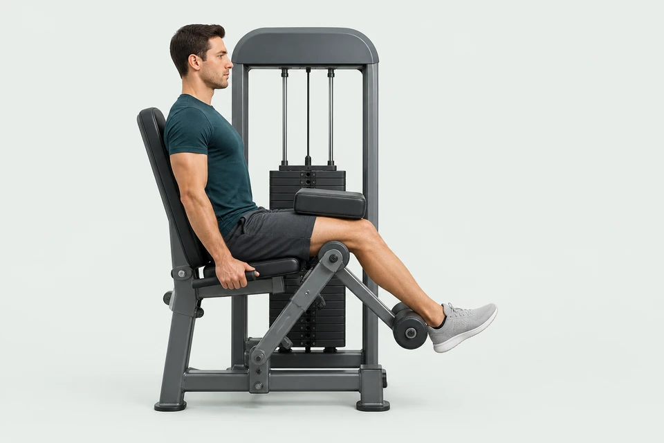 Seated leg curl with a thigh restraint and a roller behind the lower legs.