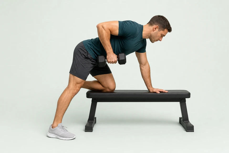 One-arm dumbbell row with the opposite hand and knee supported on a bench.