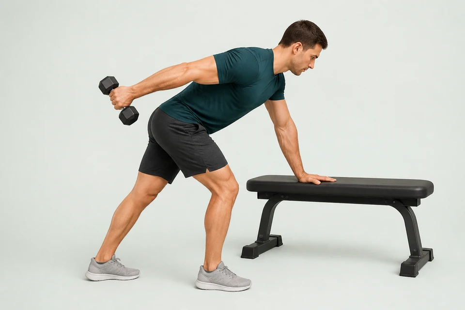 Single-arm dumbbell triceps kickback with one hand supported, torso hinged forward and working arm straight beside the body.