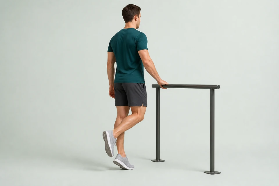 Supported single-leg calf raise with the working heel lifted and the free leg bent behind the body.