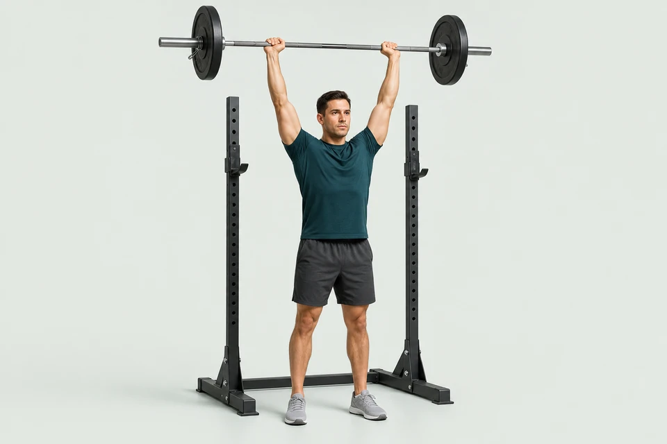 Standing overhead press with a barbell above the head, feet planted and torso upright.